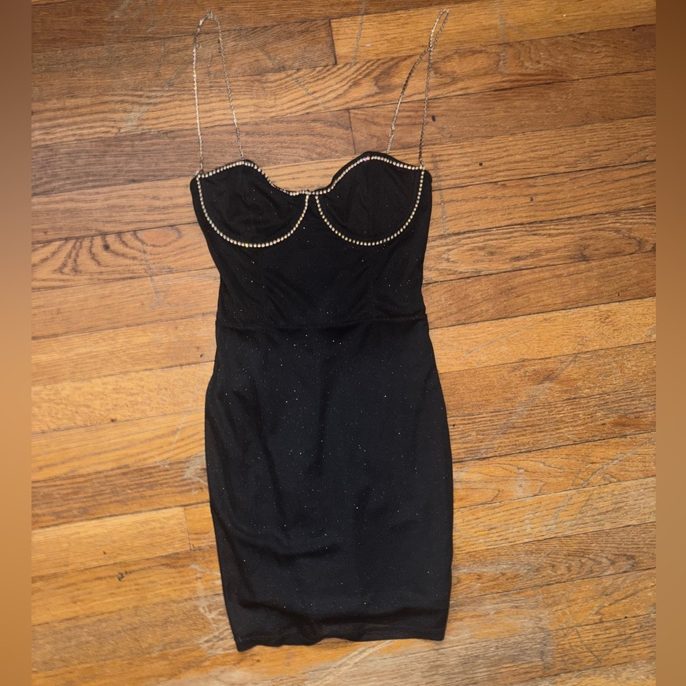 White Fox Boutique Black Strapless Dress with Silver Accents
